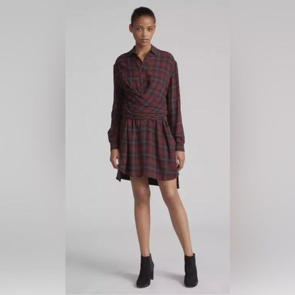Rag & Bone Felicity Plaid Tie Waist Shirt Dress Burgundy Academia Size M - Picture 5 of 10